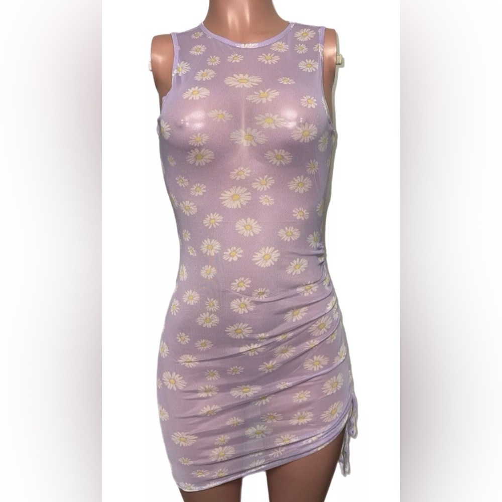 Lilac Daisy Mesh Semi-Sheer Drawstring crew neck Swimsuit Cover-up mini dress